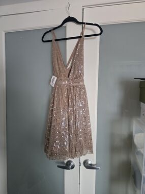 Luxxel Sequin Deep V Mini Dress in Champagne Gold